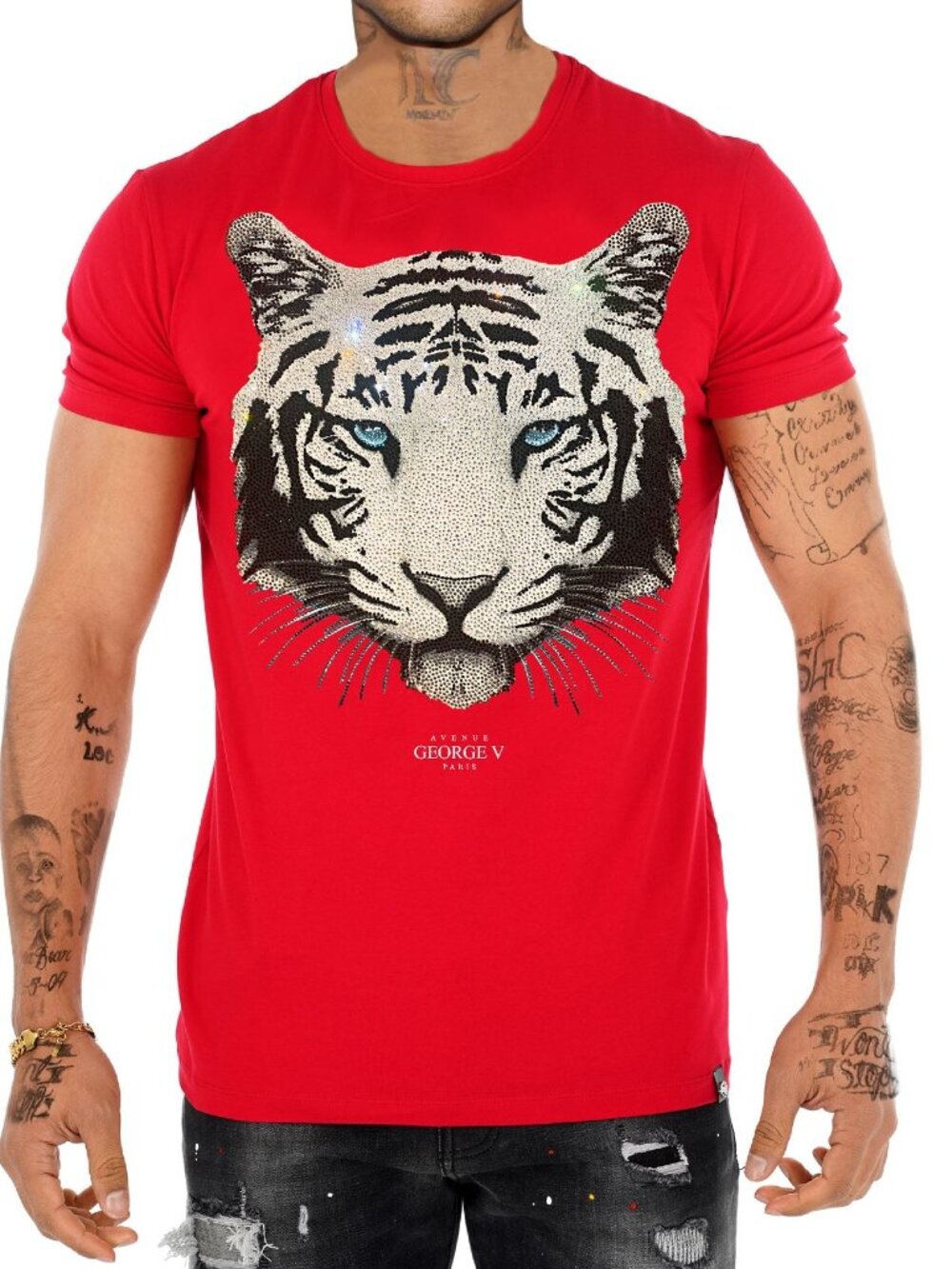 Avenue George V Paris T-Shirt rhinestone Lion Men's Red Short Sleeve Shirt NWT